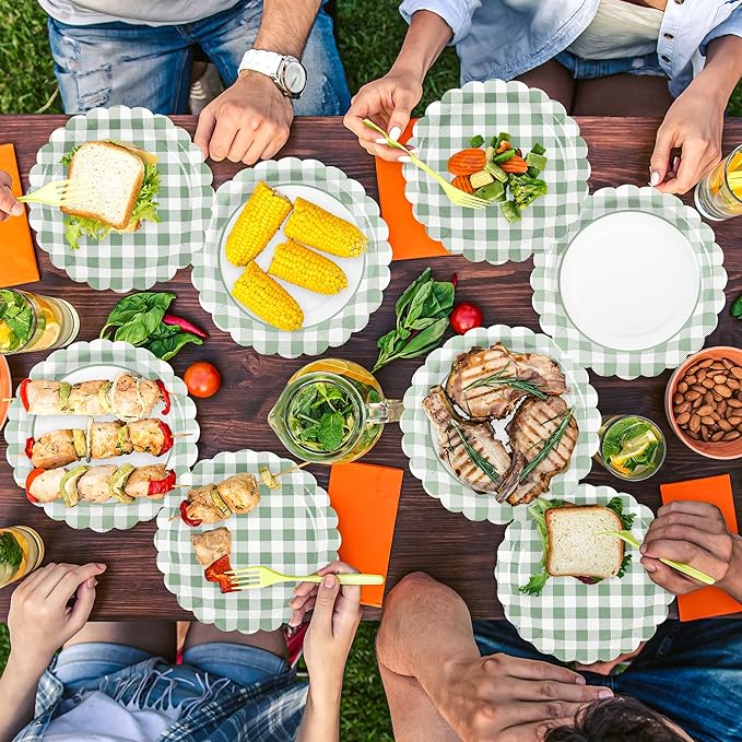 200 Pcs Sage Green Gingham Party Supplies Green and White Scalloped Paper Plates and Napkins Cups Disposable Gingham Checkered Plaid Dessert Plates Tableware Set for Baby Shower Wedding BBQ
