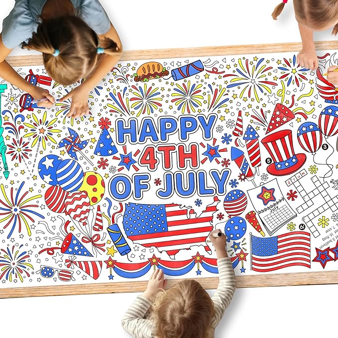Gatherfun 4th of July Coloring Tablecloth | Patriotic Giant Poster 31.5x72 | Ideal for Independence Day Decor & Activities | American Flag-Themed for Classroom Wall or School Party Table Cover