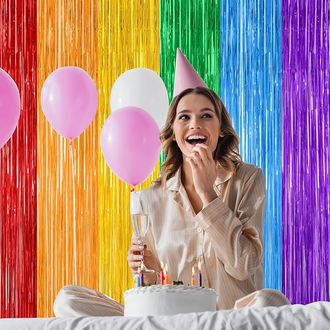 12 Pack Rainbow Backdrop, 3.28 FT x 7.05 FT Pride Decorations, Metallic Fringe Curtains Party Streamer Tinsel Backdrop, Rainbow Foil Curtains Birthday Party Decor Photo Booth Props