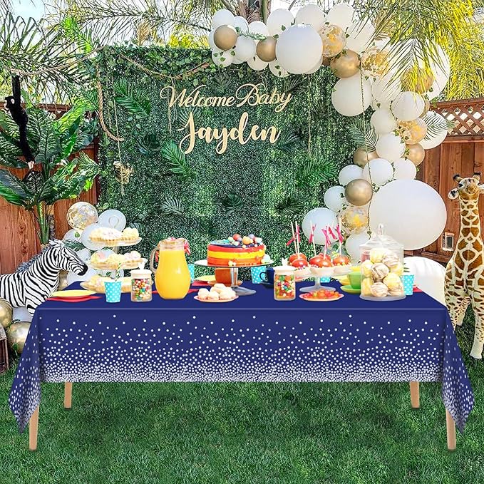 Mulbozy 2 Pcs Navy Blue Plastic Tablecloth Silver Dot Blue Table Cloths, 54×108 inches Disposable DarkBlue Table Cover for Anniversary Friendsgiving Fine Dining Graduation Party Decoration