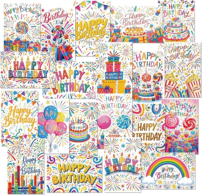 20pcs Birthday Cards, Messages, Envelopes, and Stickers | 4x6 Inch Happy Birthday Cards Bulk for Family, Kids, Friends, Work, and Office Celebrations. (20 Pcs Cards With Firework patterns)
