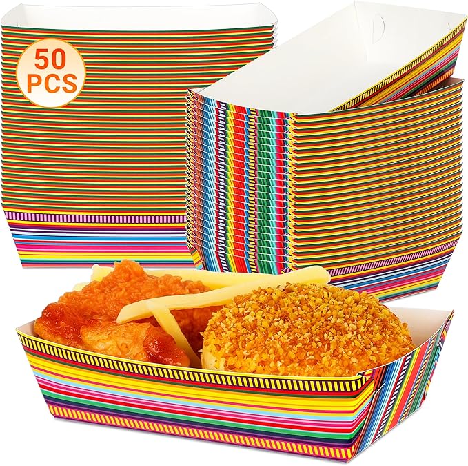 50 PCS Cinco De Mayo Decorations, Large Capacity Fiesta Plates, Serape Pattern Cinco De Mayo Paper Trays Mexican Food Trays Fiesta Hot Dog Trays, Disposable Mexican Theme Party Decorations