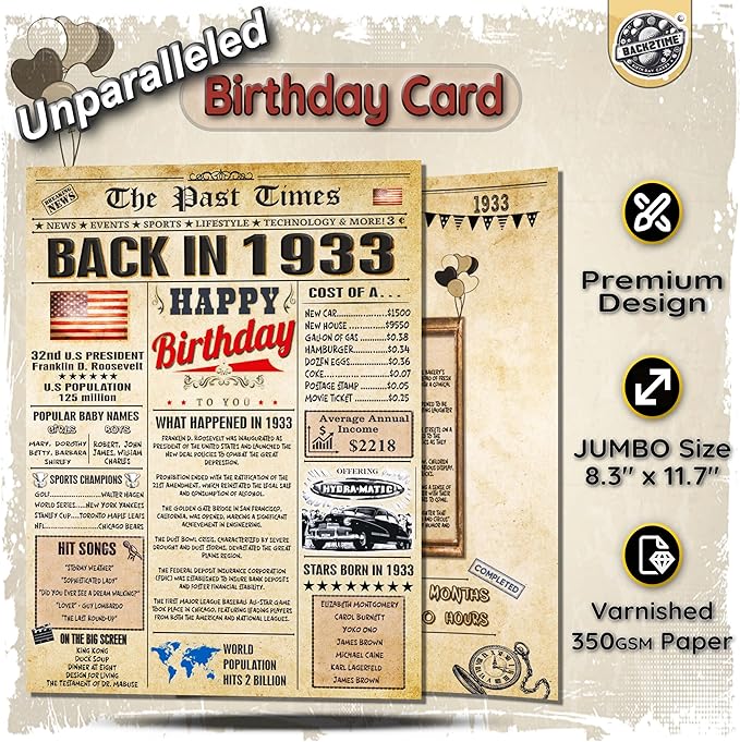 93rd Birthday Card for Women Men - Back In 1933 Newspaper - 93 rd Happy BIRTHDAY card - 93rd birthday gift for Her Him - JUMBO size - 93 rd birthday decorations Dad Mom - Best gifts for 93 year old