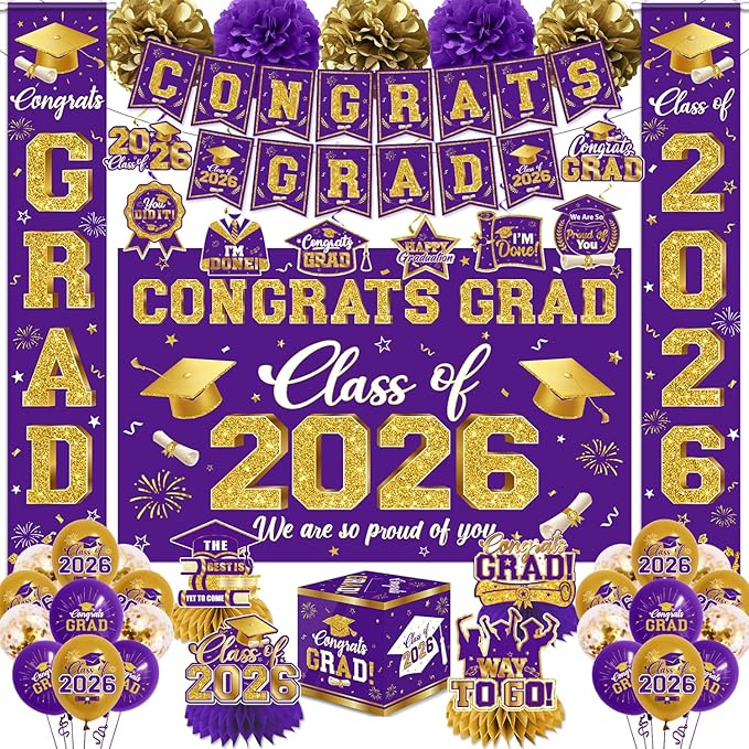 2026 Graduation Decorations - Purple Congrats Grad Party Supplies include Card Box, Backdrop, Banner and Balloons for Class of 2026 Decorations Set
