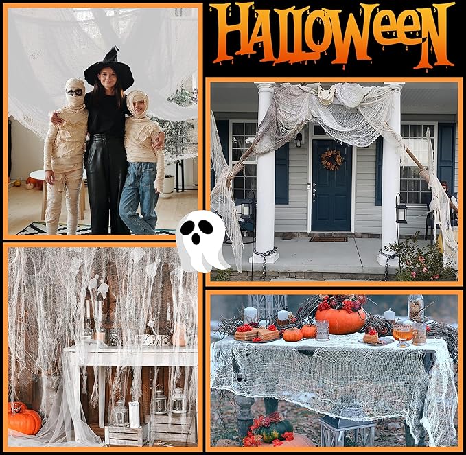 Watayo 500 x 59 Inch Halloween Spooky Cloth, White Large Size Halloween Creepy Cloth, Windows Doorways Cover Gauze for Haunted House Yard Horror Themed Party Decorations