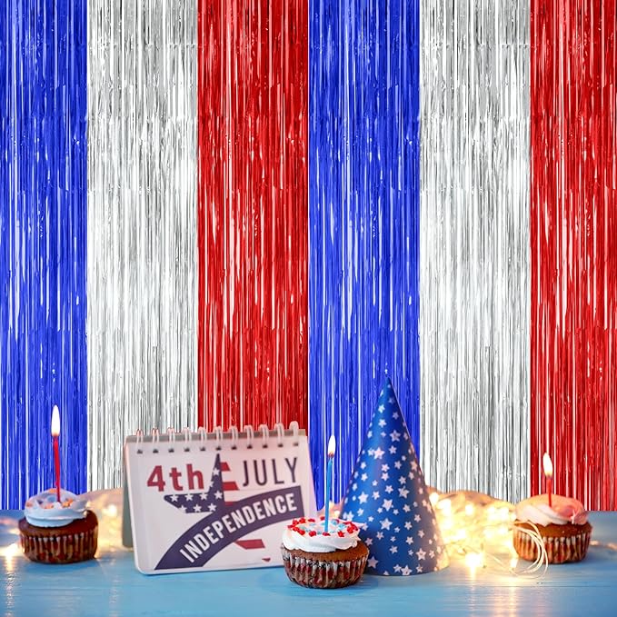 2 Pack 4th of July Party Supplies, 3.28 FT x 7.05 FT 4th of July Tinsel Backdrop, Blue Silver Red Color Fringe Curtains Streamer Backdrop, 4th of July Photo Backdrop Party Decorations