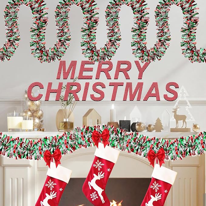 50 FT Christmas Tinsel Garland Christmas Decorations for Xmas Tree Decor Metallic Twist Shiny Hanging Garlands for Tree Mantel Stairs Fireplace Home Indoor Holiday Party Supplies (Red Green White)