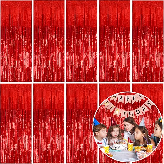 10 Pack Foil Curtain Backdrop Red Metallic Tinsel Foil Fringe Curtains Photo Booth Props for Birthday Wedding Engagement Baby Shower Bachelorette Christmas Holiday Celebration Party Decorations