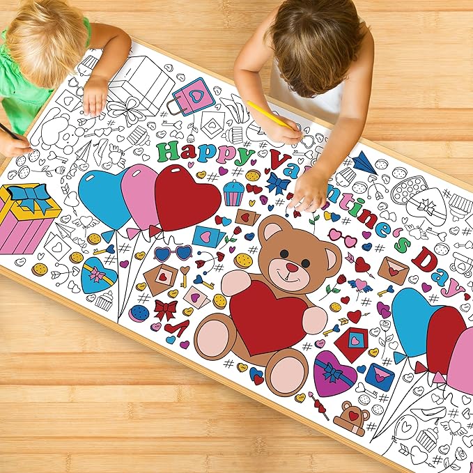 Valentines Giant Coloring Poster/Tablecloth-Valentines Day Gifts for Kids Classroom School-30 x 72 Inches Jumbo Coloring Banner Kids Crafts Games Activities Toys Decor Party Decorations