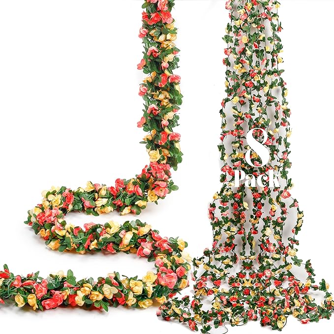 Miracliy 8Pcs 66FT Flower Garland, Orange and Champagne Artificial Rose Floral Vines Fake Hanging Spring Flower Garland for Wall Backdrop Wedding Arch Tea Party Door Mantle Decoration