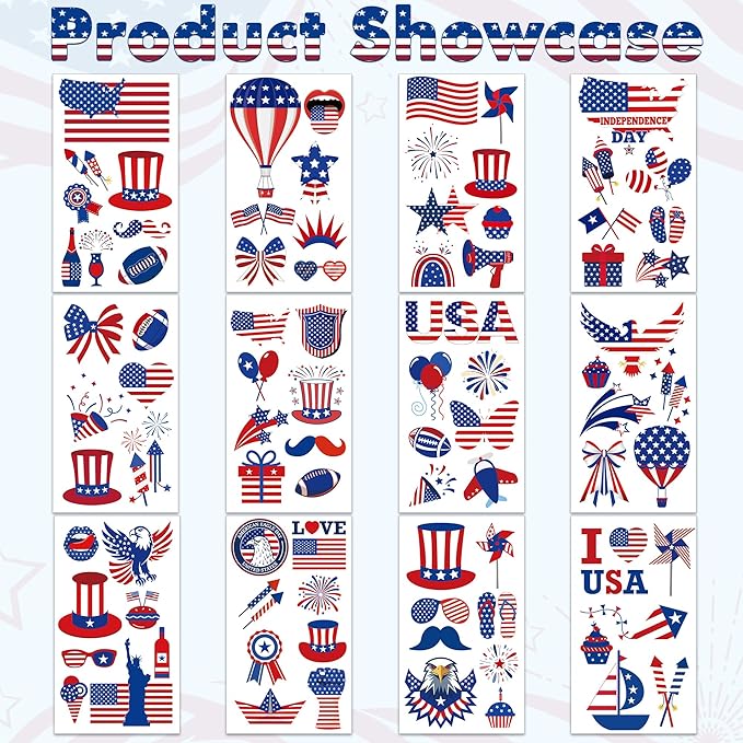 106 PCS 4th of July Tattoos, Fourth of July Tattoos for Kids, Patriotic Temporary Stickers, American Flag Red White Blue Decor for Independence Day Accessories Decoration Supplies Favors