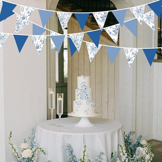 32Ft Blue Floral Party Decorations Vintage Blue White Flower Pennant Banner Fabric Triangle Flag Garland Streamers for Floral Wedding Porcelain Birthday Baby Bridal Shower Garden Tea Party Decor