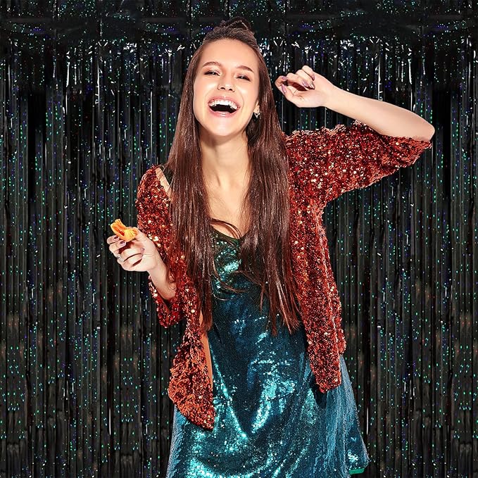 2 Pack Laser Black Tinsel Foil Fringe Curtains, Black Party Decorations, Metallic Tinsel Party Streamers Backdrop for Birthday Halloween Masquerade New Years Gatsby 1920s Party Decorations