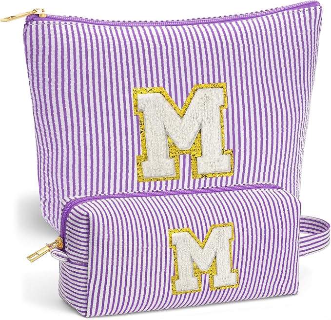 Initial Cosmetic Bag Set - Travel Bag Makeup Pouch, Makeup Bag with Zipper Make up Kit Preppy Stuff Stocking Stuffers Birthday Gifts for Women Travel Essentials Travel Bag, Purple Letter M