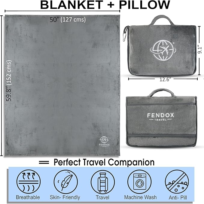 2-in-1 Travel Blanket and Pillow – Lightweight, Compact, Ultra Soft, Machine Washable – Handle, Luggage Sleeve, Backpack Clip – for Travel Airplane, Car, Office (Gray)