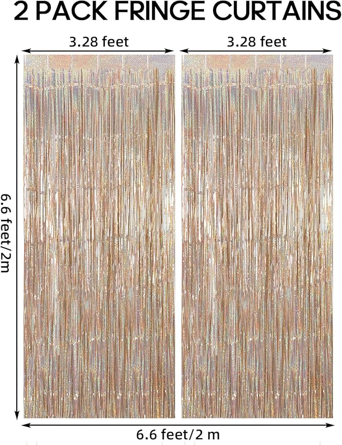 2 Pack Fringe Curtains Backdrops, Foil Fringe Curtains, Door Streamers for Birthday Wedding Bridal Shower Holiday Graduation Party Decorations, Photo Booth Backdrops, Glitter Champagne
