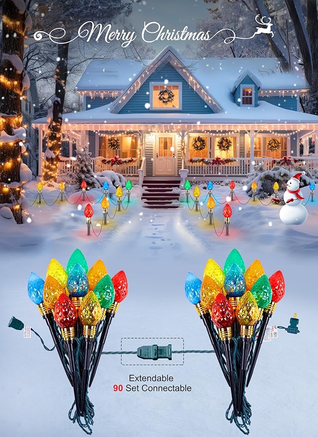 Brightown 4 Pack Strawberry C9 Christmas Pathway Lights Outdoor - Total 69.6 Feet 40 LED Christma Walkway Lights,Colored Bulb Christmas Light Outdoor Decorations for Lawn Holiday Outside, Multicolor
