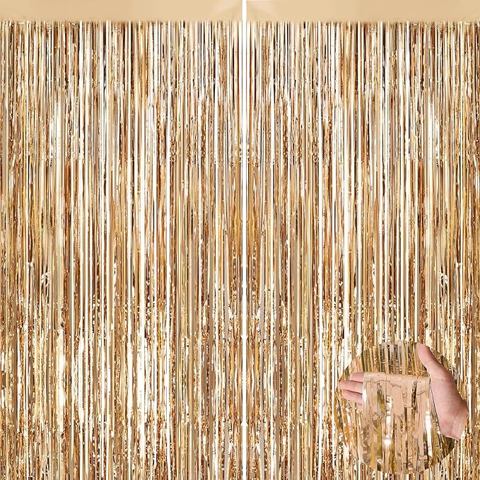 Champagne Gold Metallic Tinsel Foil Fringe Curtains, 2 Pack 3.3x8.3 Feet Party Streamer for Birthday Party Decorations, Halloween Decor, Foil Curtain for Bachelorette Party