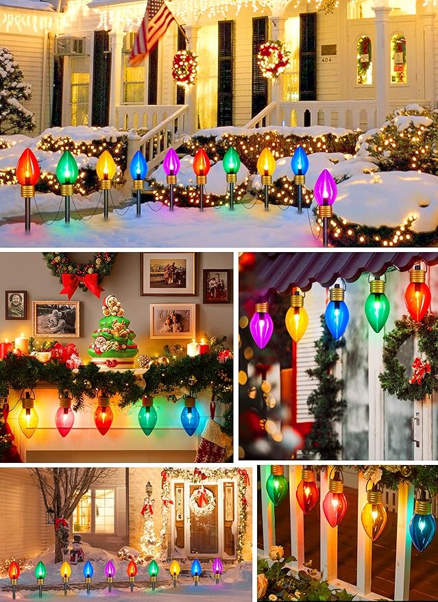 2 Pack Jumbo C9 Christmas Pathway Lights Outdoor Decorations Lawn with Stakes,Tota 17Ft 10 LED String Lights Covered Jumbo Multicolored Walkway Lights Bulb for Holiday Outside Yard Garden Decor