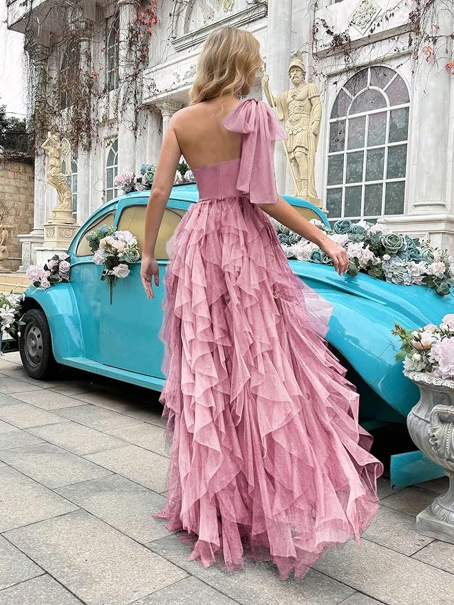 Summer Women Tulle Prom Dress Elegant Bow One Shoulder Slit Evening Party Gown Wedding Guest Bridesmaid Maxi Dress