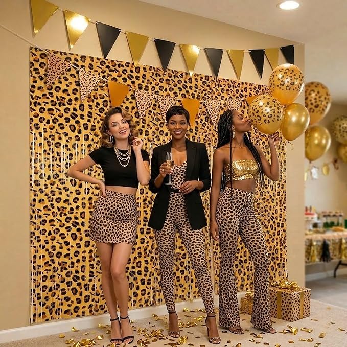 2 Pack Cheetah Print Birthday Decorations, Leopard Party Decorations, Jungle Safari Bachelorette Foil Backdrop 3.3×6.6ft Thickened Fringe Curtains for Photo Booth & Party Entrance
