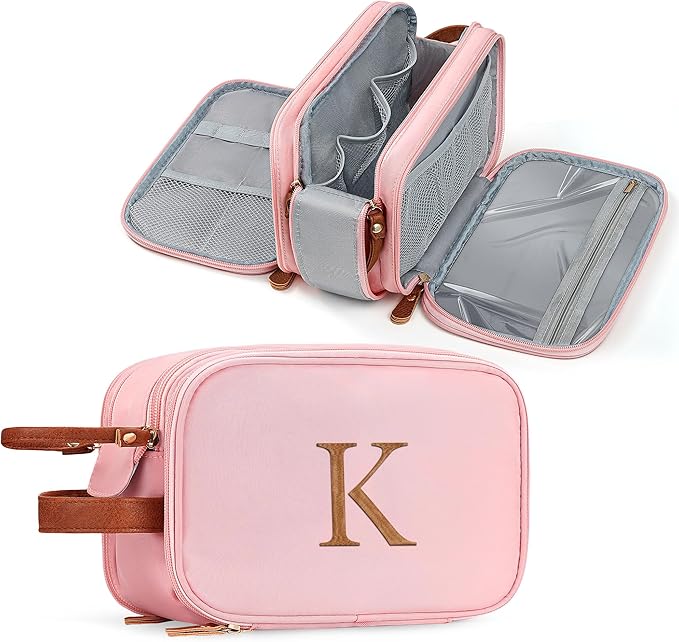 YOOLIFE Initial Toiletry Bag - Travel Toiletry Bag Makeup Bags for Women | Personalized Birthday Gifts for Women Her, Vacation Airplane Essentials Letter K Pink