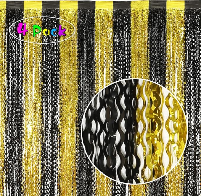 4 Pack Black and Gold Wavy Foil Fringe Curtains Pirthday Decorations,3.3 ft x 6.6 ft Metallic Foil Curtains Streamers for Party Photo Booth Props Background Decoration