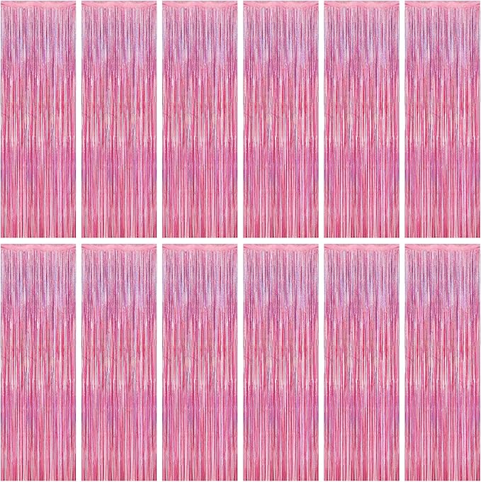 12 Pack Pink Backdrop, 3.28 FT x 7.05 FT Foil Streamers, Metallic Glitter Backdrop Pink Tinsel Fringe Curtains Party Streamers, Pink Birthday Valentines Day Party Decorations Photo Booth Props