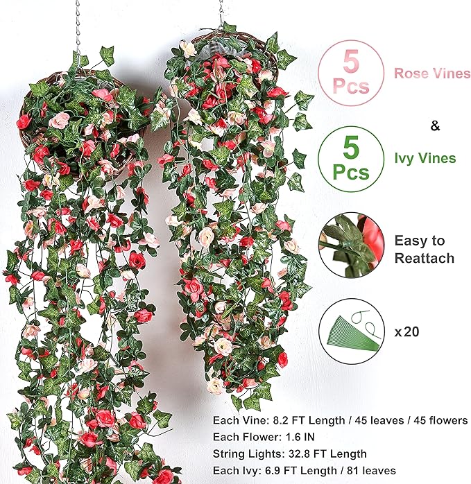 BLEUM CADE 5 Pcs 41Ft Flower Garland Artificial Rose Vines with 5 Pcs 34.5Ft Fake Ivy Vines, Hanging Fake Flower Vines for Wedding Party Valentines Day Christmas Wall Room Decor Aesthetic