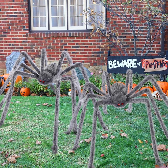 JOYIN 2 Pack 5 Ft Halloween Outdoor Decorations Hairy Gray Spider, Scary Fake Giant Large Spider Haunted House Props, Halloween Lawn Porch Yard Garden Tree Decorations Party Indoor Decor