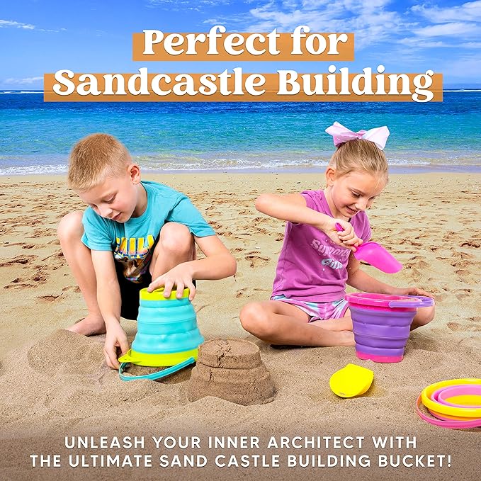 JOYIN Foldable Beach Bucket Set - 3 Packs Collapsible Toy Buckets with Shovels and Mesh Backpack for Kids Toddlers Party, Camping Gear, Travelling, Fishing Water Pail (Pink/Purple/Green)