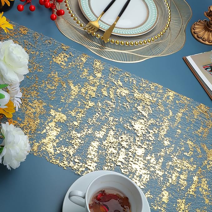 Snowkingdom 2 Pieces Gold Table Runner, Sequin Glitter Foil Metallic Thin Mesh Runner Roll 11"x108", Gold Table Decorations for Event Party, Wedding, Birthday Party, Christmas