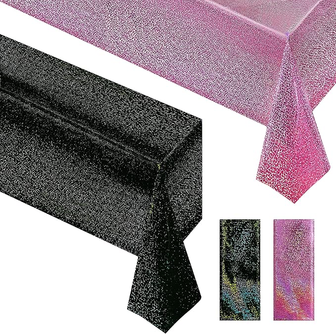 2 pcs Pink & Black Holographic Laser Tablecloth 40" x 108" Party Table Cloth Shimmer Shining Plastic Metallic Table Cover for Pink Halloween Decor Girls Baby Shower Birthday Party Supplies
