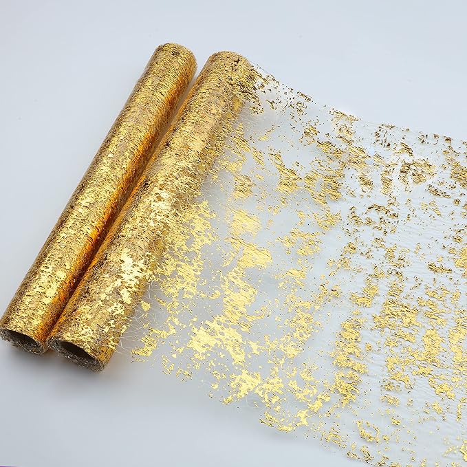 Snowkingdom 2 Pieces Gold Table Runner, Sequin Glitter Foil Metallic Thin Mesh Runner Roll 11"x108", Gold Table Decorations for Event Party, Wedding, Birthday Party, Christmas