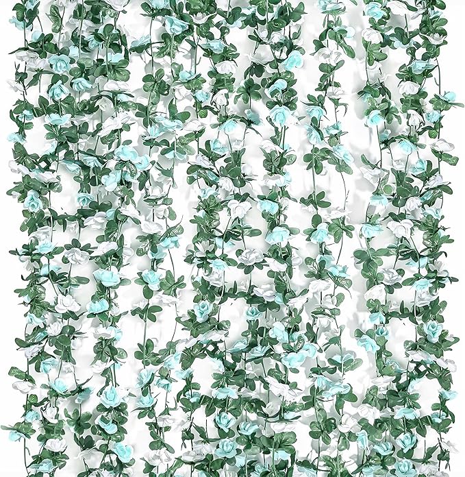 Miracliy 9Pcs 74FT Blue and White Flower Garland Artificial Rose Arch Vines Fake Spring Floral Garland for Flower Wall Backdrop Wedding Mothers Day Garden Tea Party Decoration