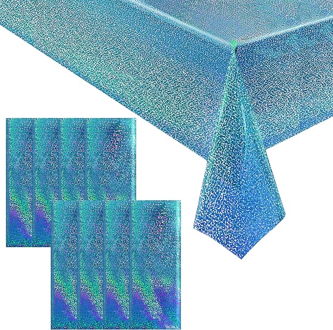8pcs Blue Holographic Laser Tablecloths 40" x 108" Plastic Table Cloths for Parties Shimmer Shiny Party Decoration for Winter Ocean Princess Birthday Party Wedding Baby Shower Christmas Decor